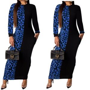 Elegant Black and Blue Leopard Print Maxi Dress